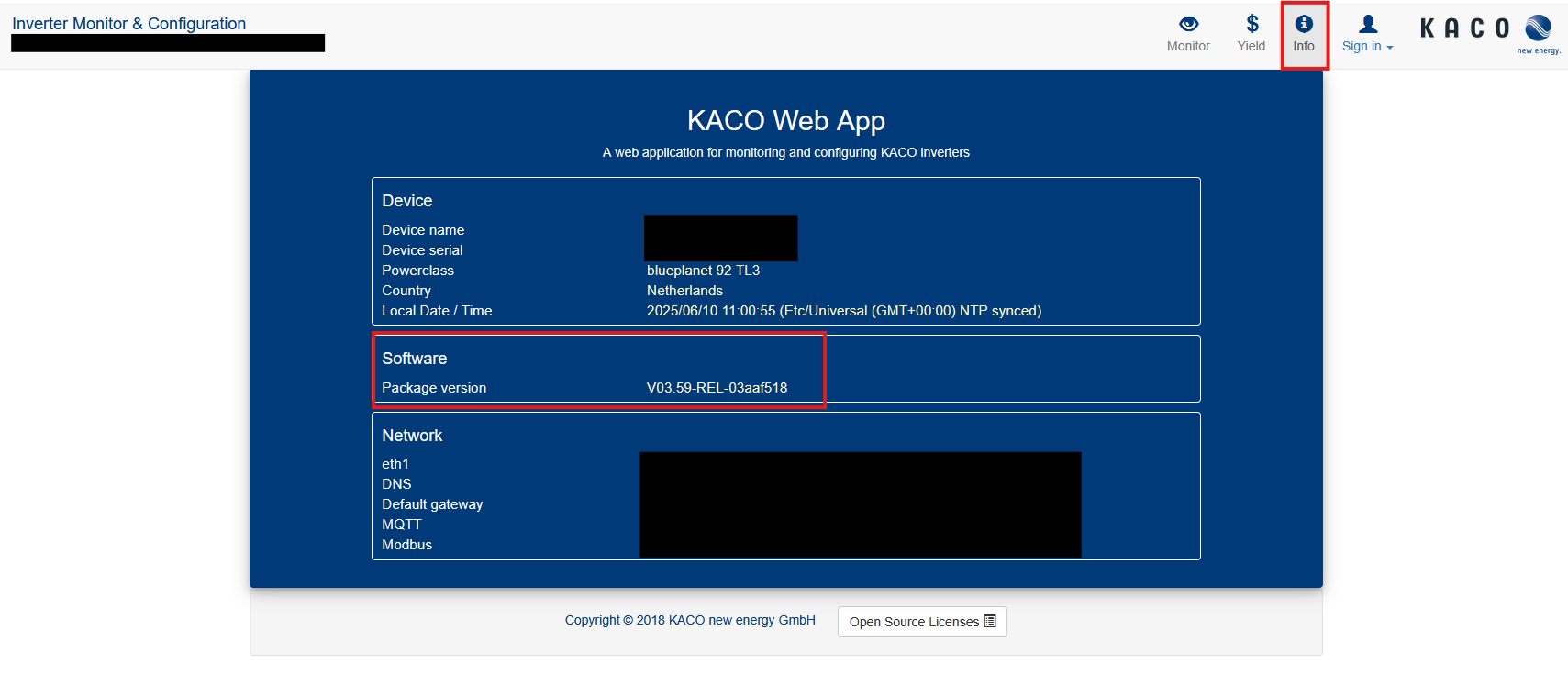 KACO Softwareversion